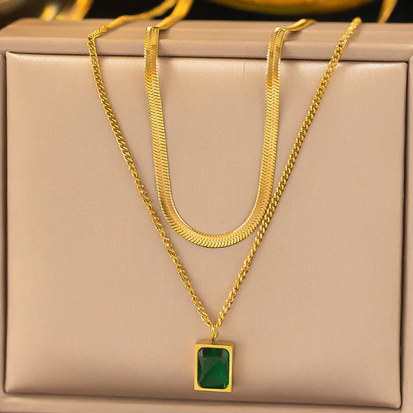 Gold Plated Anti-tarnish Green Emerald Layered Necklace