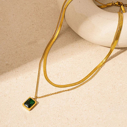 Gold Plated Anti-tarnish Green Emerald Layered Necklace