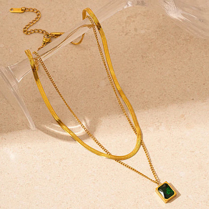 Gold Plated Anti-tarnish Green Emerald Layered Necklace