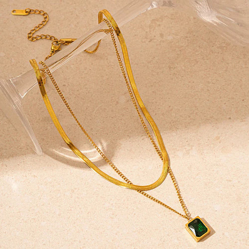 Gold Plated Anti-tarnish Green Emerald Layered Necklace