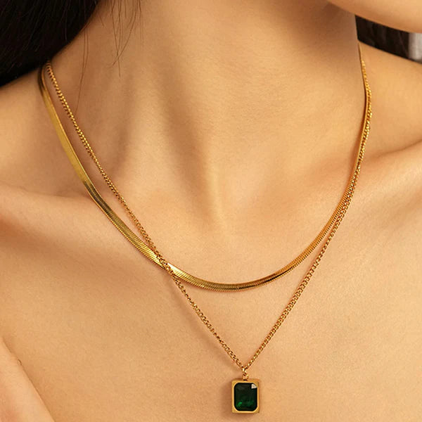 Gold Plated Anti-tarnish Green Emerald Layered Necklace