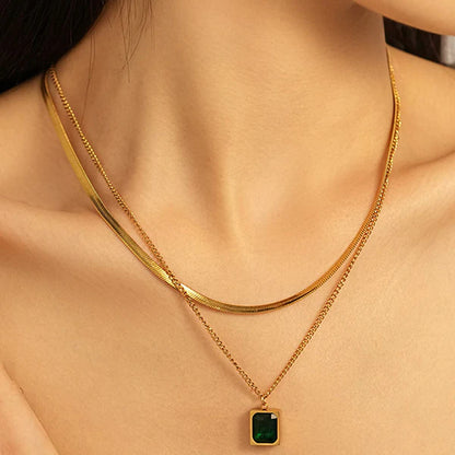 Gold Plated Anti-tarnish Green Emerald Layered Necklace