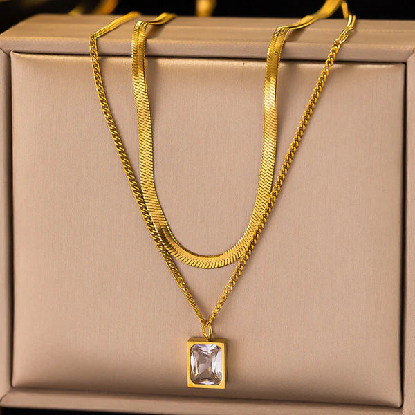 Gold Plated Anti-tarnish White Emerald Layered Necklace