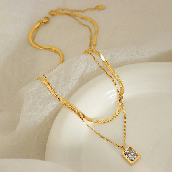 Gold Plated Anti-tarnish White Emerald Layered Necklace
