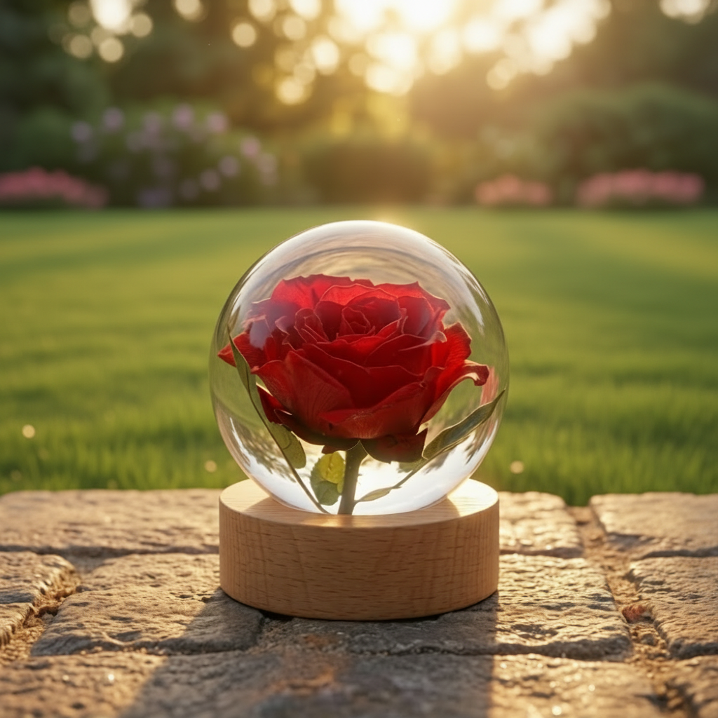 Rose in Still Time Paperweight with Wooden Base